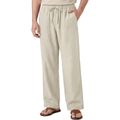 Men’s Cotton Linen Trousers, Beige Drawstring Waist Casual Pants