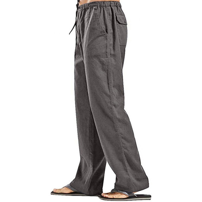 Men’s Cotton Linen Trousers, Dark Grey Drawstring Casual Pants