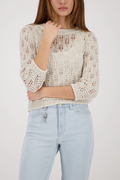 Monari 410448 Lurex Knit Jumper in Champagne Beige styled with light wash jeans Shop Monari at Dotique