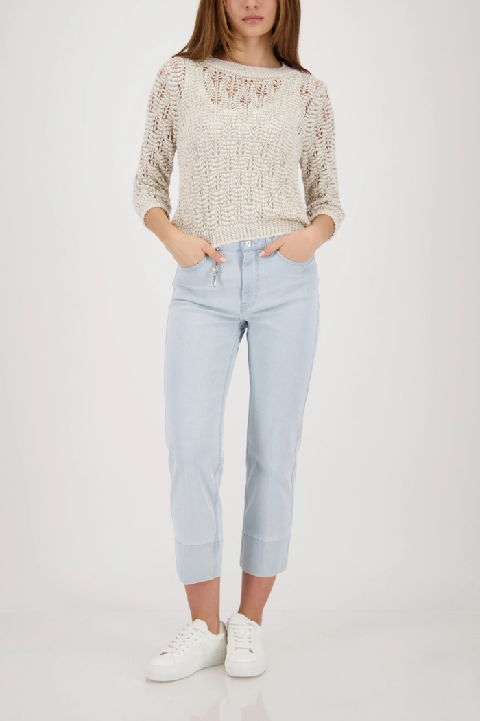 Monari 410448 Lurex Knit Jumper in Champagne Beige styled with casual jeans Shop Monari at Dotique for versatile knitwear