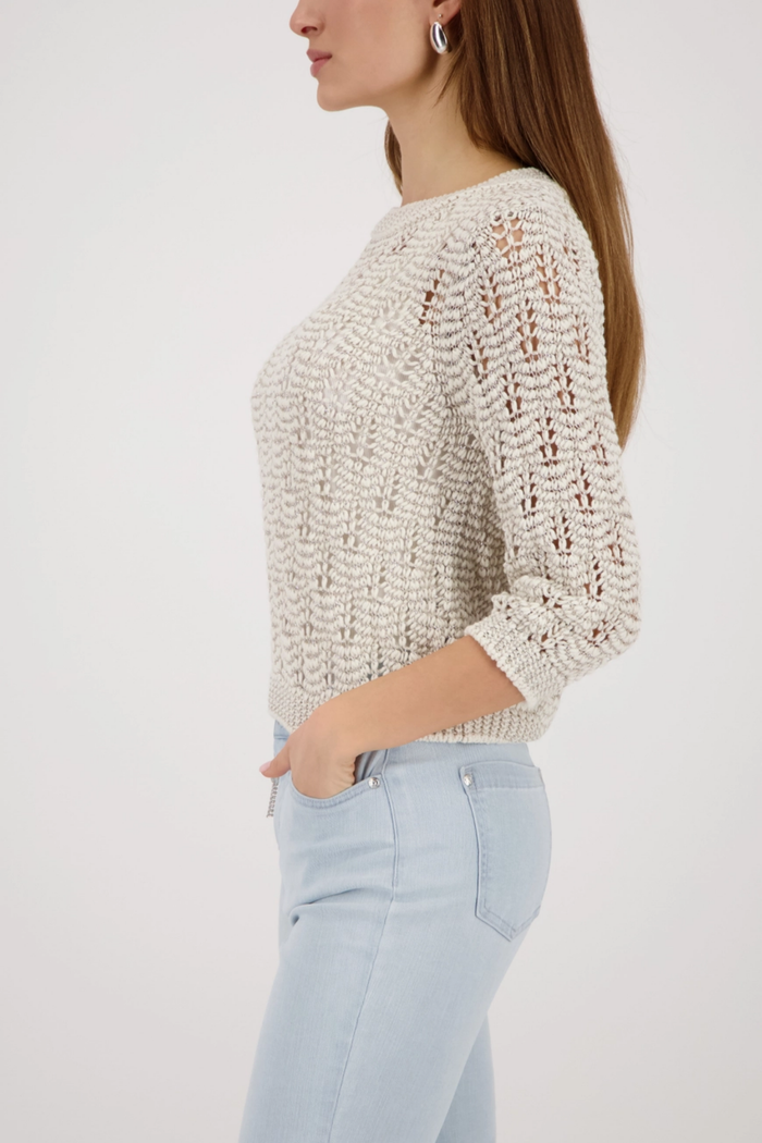 Monari 410448 Lurex Knit Jumper in Champagne Beige shown with light wash jeans Shop Monari at Dotique