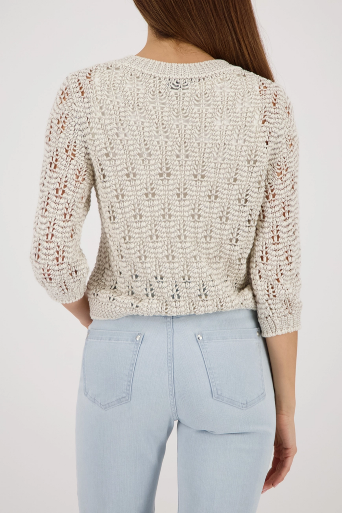 Back view of Monari 410448 Lurex Knit Jumper in Champagne Beige with open knit detail Shop Monari at Dotique