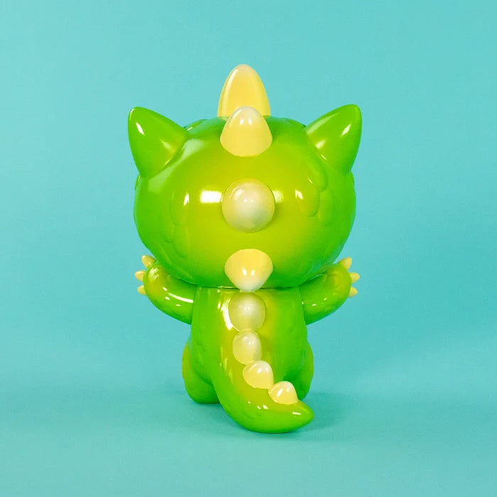 New Screaming Boomu Kaiju Kitty Soft Vinyl Figure, 7” tall, glossy green finish, open-mouthed roar, showcasing cute claws.