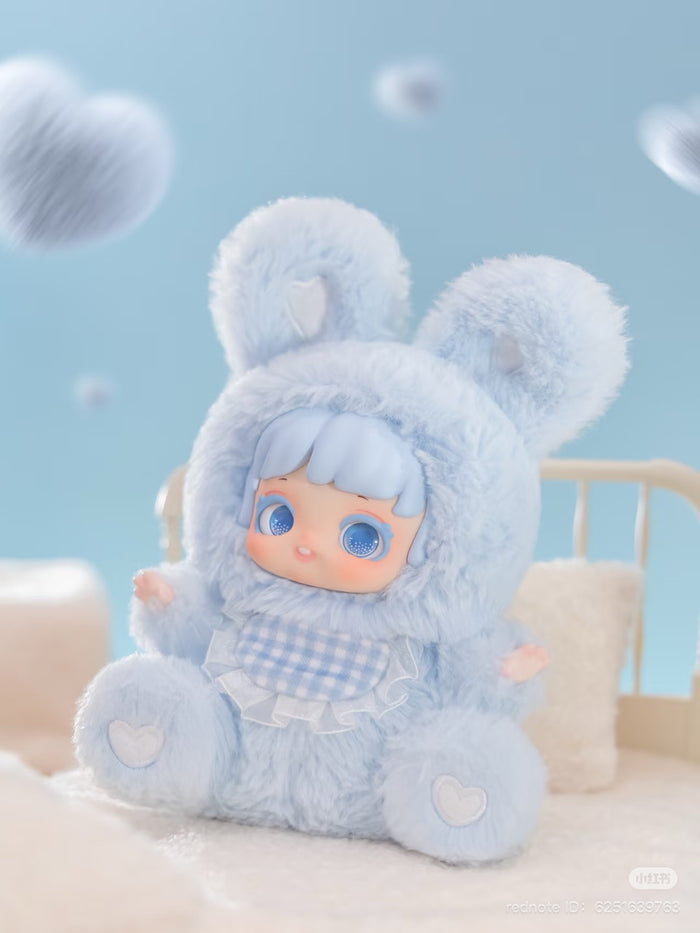 Nighty-Night To U Plush Keychain Blind Box featuring a blue stuffed toy doll with big eyes, part of a collectible series with regular and secret designs.