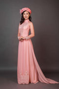 Mark&Vy Ao Dai Wedding ao dai with long train. Pale pink lace and chiffon fabric.