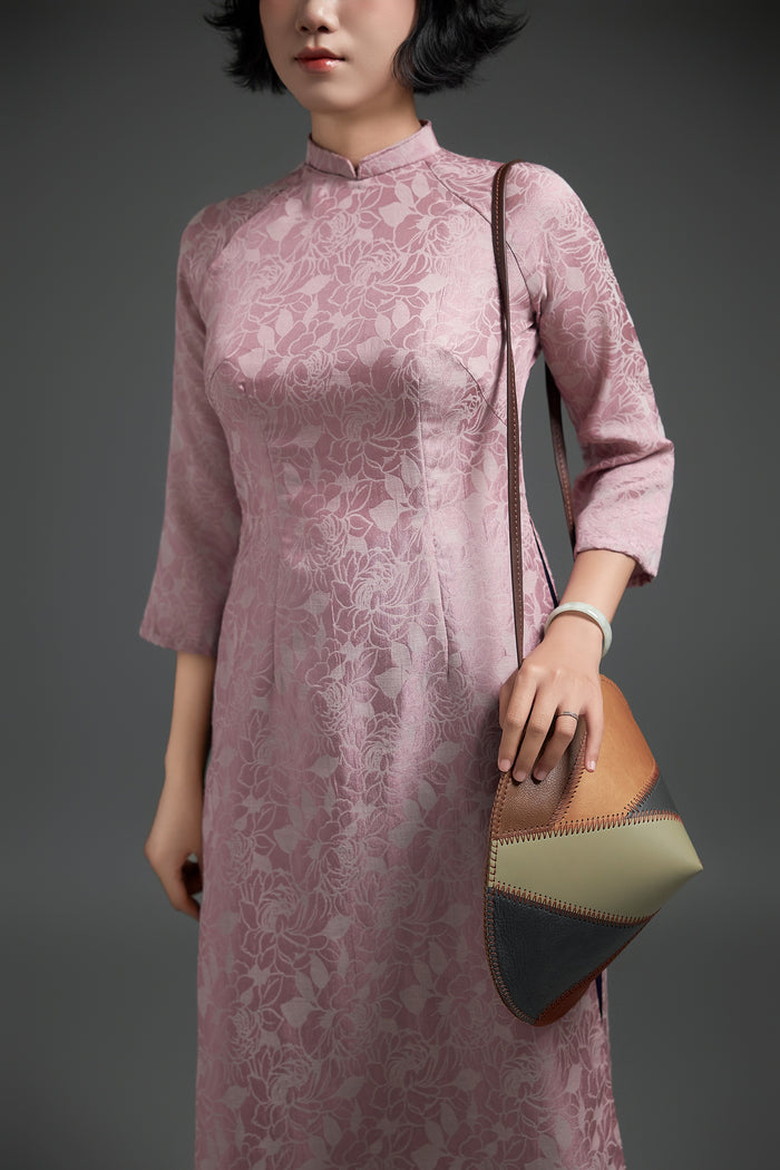Orchid Pink Taffeta Ao Dai with Navy pants. Vietnamese Ao Dai. Traditional Ao Dai.