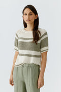 Woman wearing Oui 97251 Stripe Short Sleeve Knit White Green by Oui, shop Oui at Dotique for casual knitwear elegance