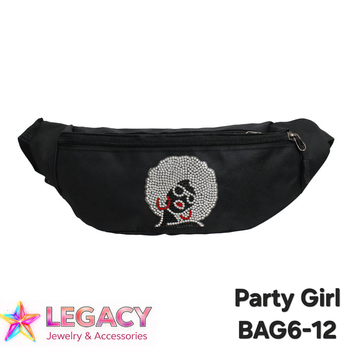A black waist bag with a rhinestone-embellished 'Party Girl' afro graphic, shown against a plain white background with a 'LEGACY Jewelry & Accessories' logo and 'Party Girl BAG6-12' text overlays.