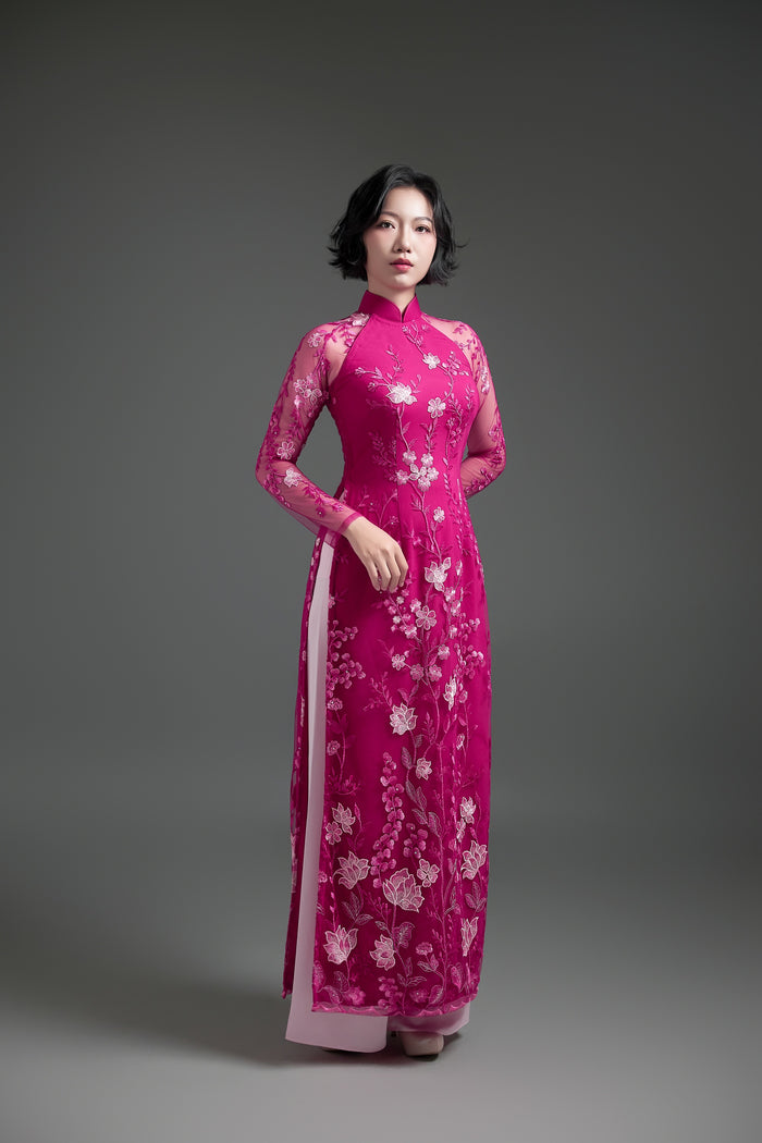 Pink Lace Ao Dai with Lotus Embroidery