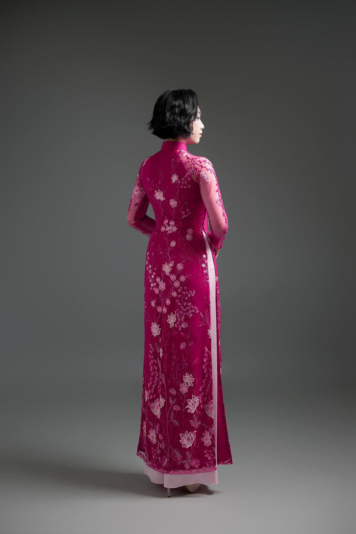 Pink Lace Ao Dai with Lotus Embroidery