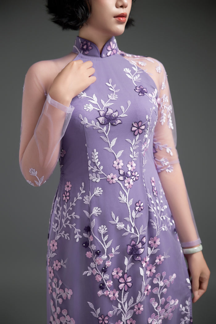Purple Lace Ao Dai with Lotus Embroidery