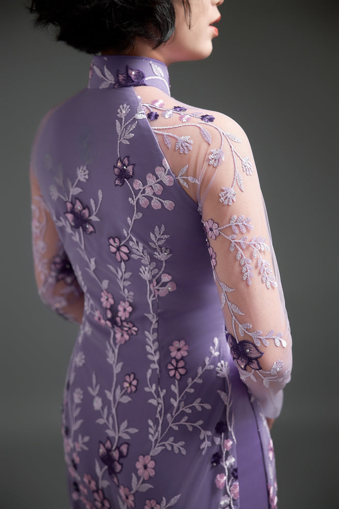 Purple Lace Ao Dai with Lotus Embroidery