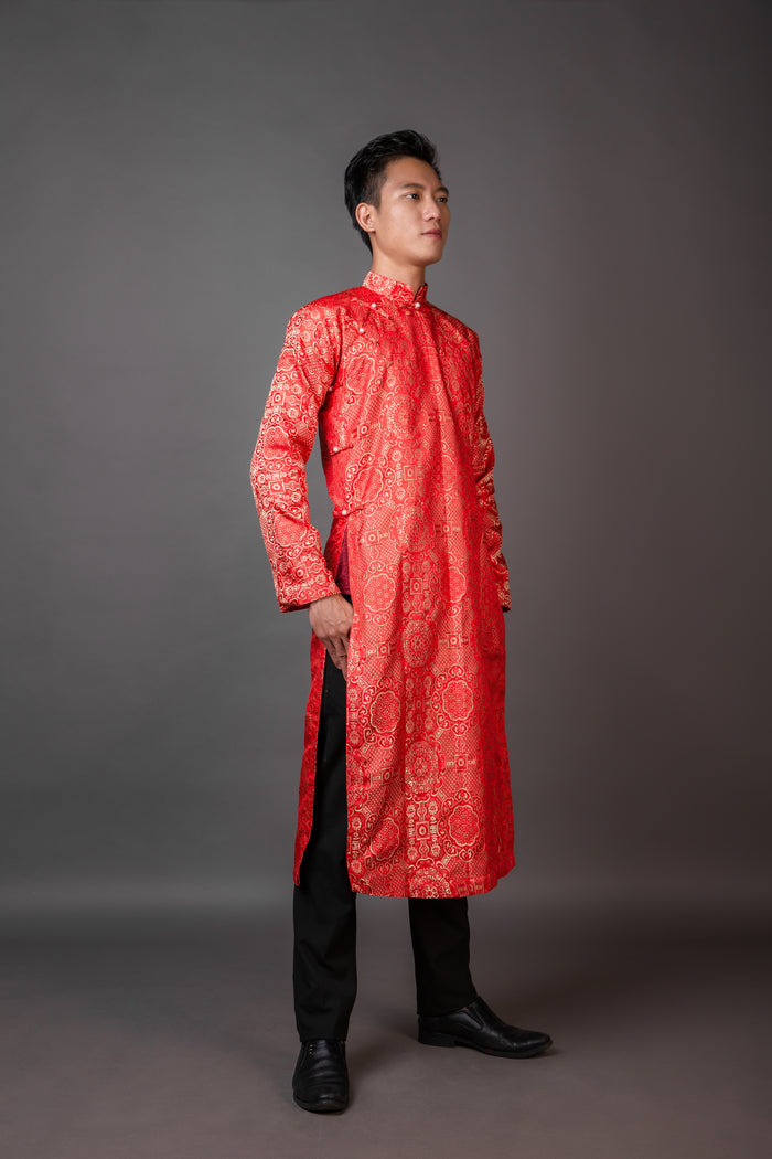 Red Men's ao dai. Vietnamese national clothing. Free custom fit.