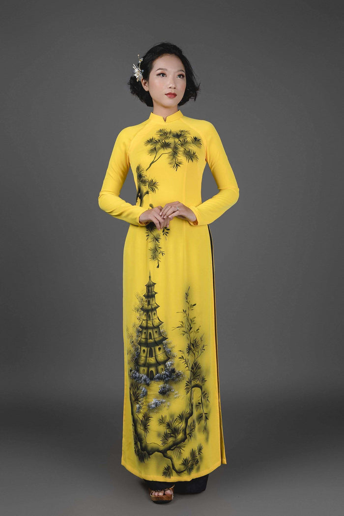 Mark&Vy Ao Dai Vietnamese Ao Dai dress in yellow silk fabric. Hand-painted, pagoda motif. HAN007YELLOW