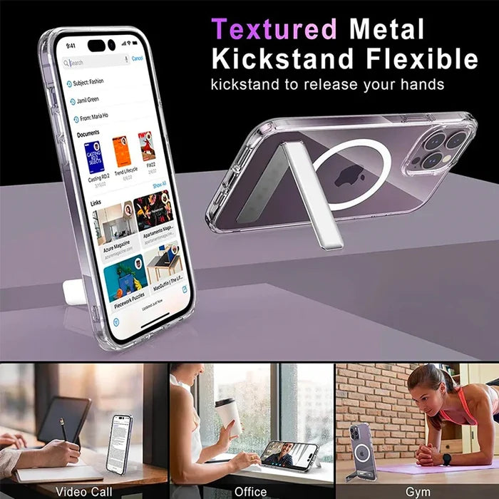 Clear phone case with kickstand.