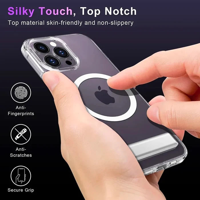 Clear iPhone case with MagSafe compatibility.
