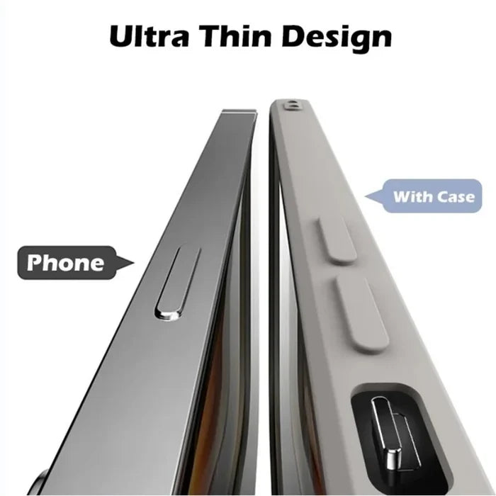 Ultra-thin smartphone with a protective case shown in side-by-side comparison.