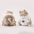 Shou Cai Meow Duchi vinyl figurine, 10cm tall, featuring two cats creatively positioned, limited edition of 300 pieces from Strangecat Toys.
