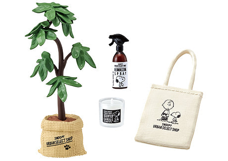SNOOPY URBAN SELECT SHOP Re-ment Blind Box Series featuring a white bag with a cartoon character, candle, plant, and cable on display.