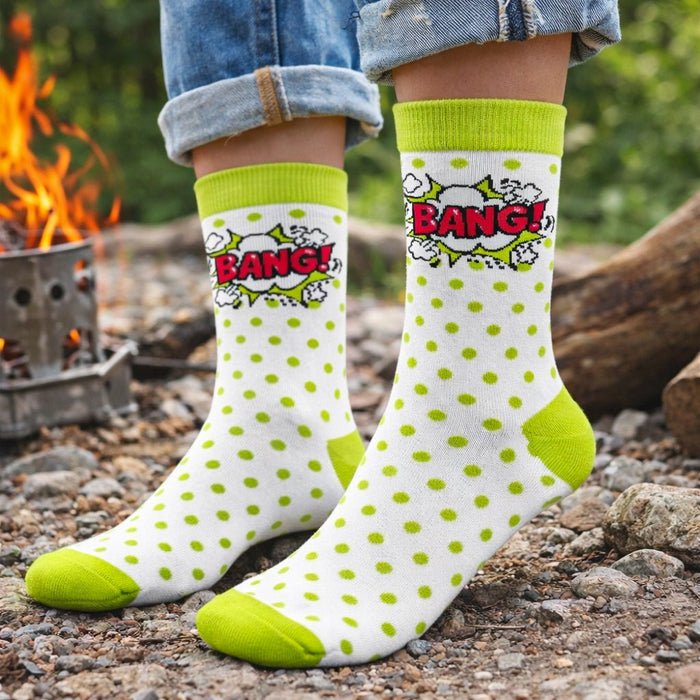Funky green & white Bang Pop socks for men and women-Sockscarving® Bang Pop Full-Length Edition-