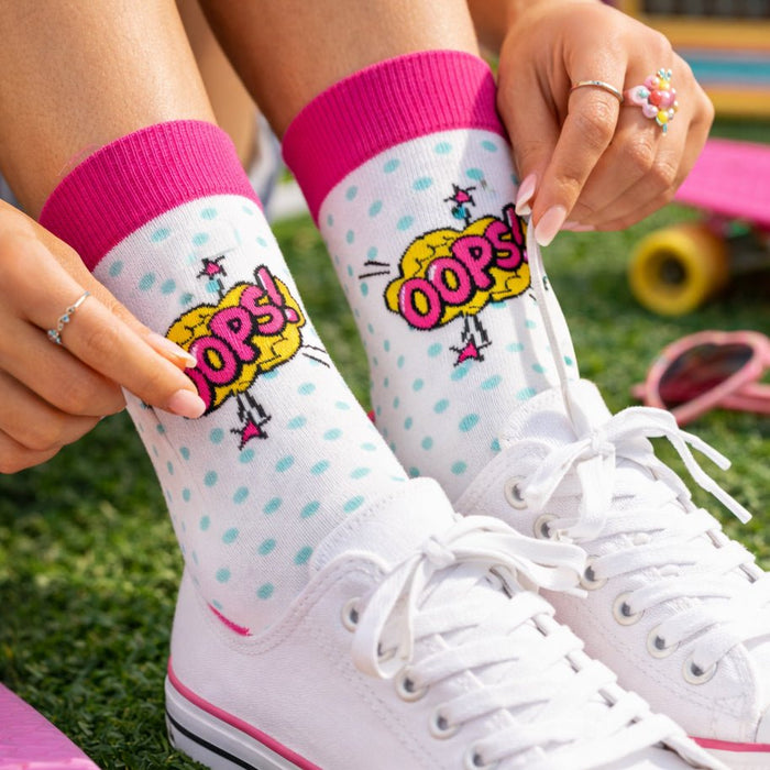 Funky pink & white Oops socks for men and women-Sockscarving® Oops Pop Full-Length Edition-