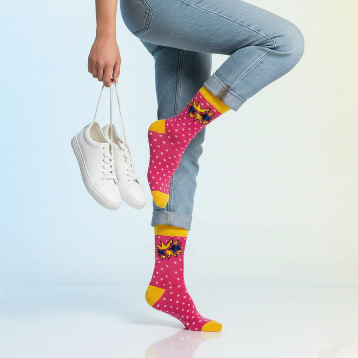 Everyday full-length pink & yellow pop socks-Sockscarving® Retro Glasses Pop Full-Length Edition-