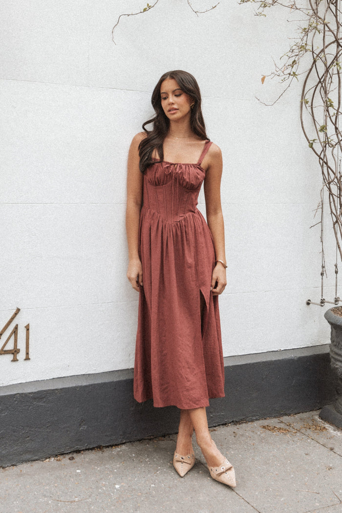 Petal and Pup USA DRESSES Sofie Midi Dress - Brick