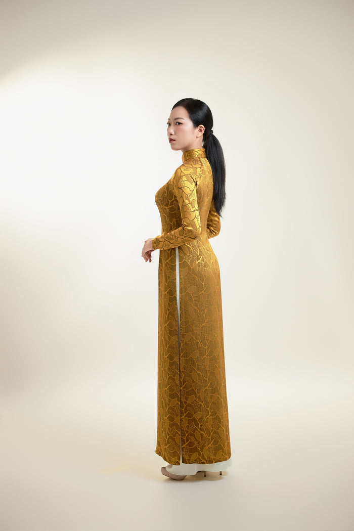 Thai Tuan Silk Brocade Ao Dai in Gold with Leaf Pattern