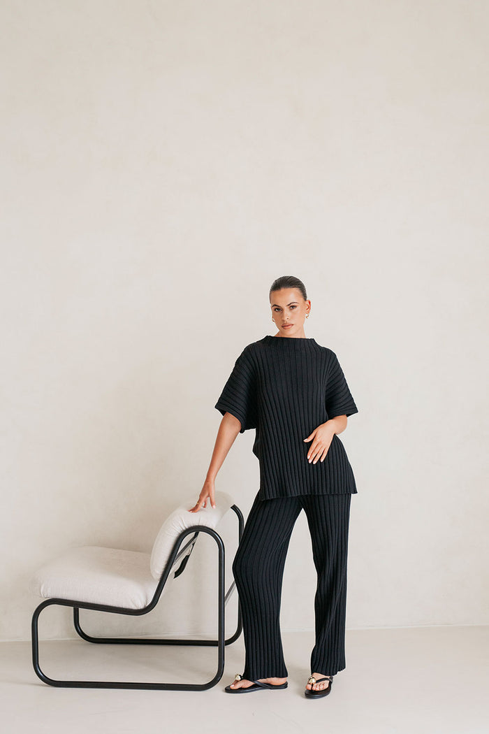 Celine Knit Ribbed Top - Black