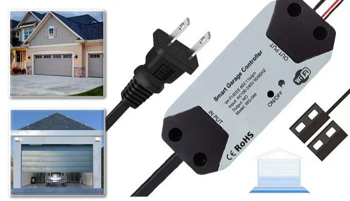 Smart garage controller with plug and sensor.