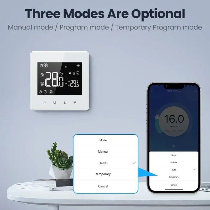 Smart thermostat with mode selection.