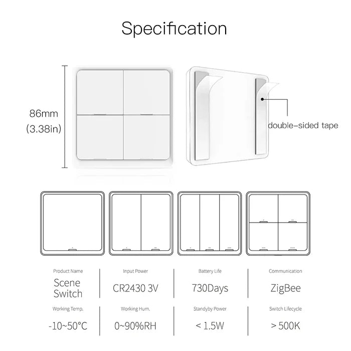White smart scene switch with specifications.