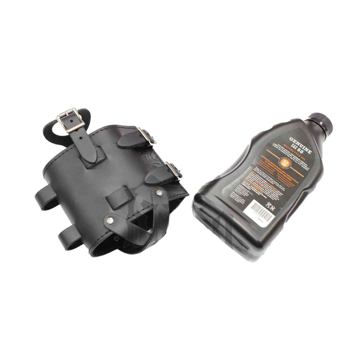Add a piece of mind to your ride with the FB02 spare fuel/oil bottle carrier!. Hand crafted in USA with premium leather and top quality hardware. Durable and stylish, it's the perfect fit for your motorcycle.