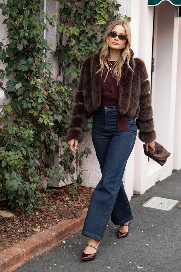 Petal and Pup USA OUTERWEAR Velma Channel Faux Fur Jacket - Chocolate