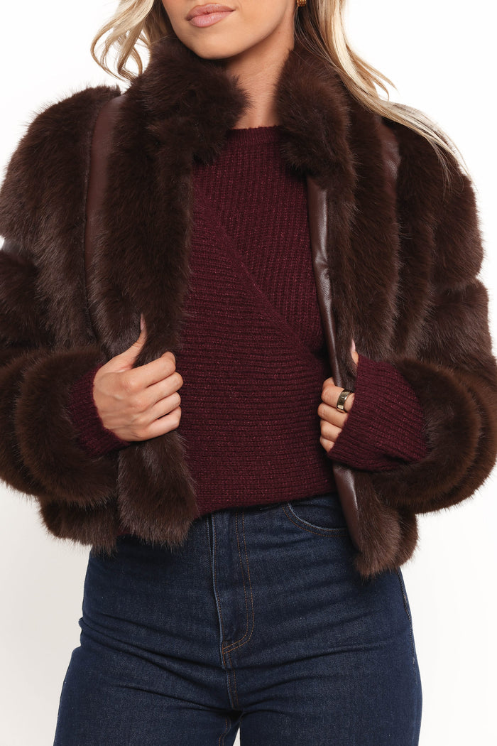 Petal and Pup USA OUTERWEAR Velma Channel Faux Fur Jacket - Chocolate