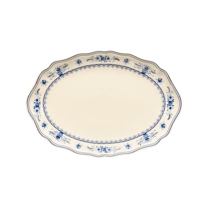 Vila Beige and Blue Floral Stoneware Oval Platter — overall form and detail