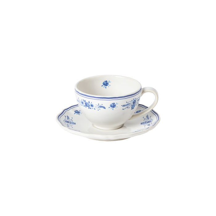 Vila White and Blue Floral Stoneware Tea Cup and Saucer — overall form and detail