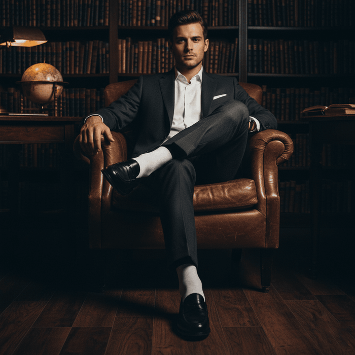 -White & Navy Blue Edge Bamboo- Corporate Classic Crew Length Socks Edge Color-